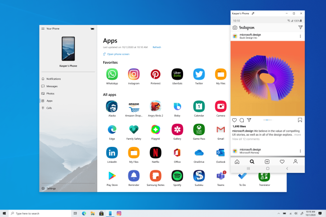 Avec l'application Votre Tlphone, Windows 10 est capable de lancer des applications Android dans l'OS de Microsoft. (Crdit Photo : Microsoft)