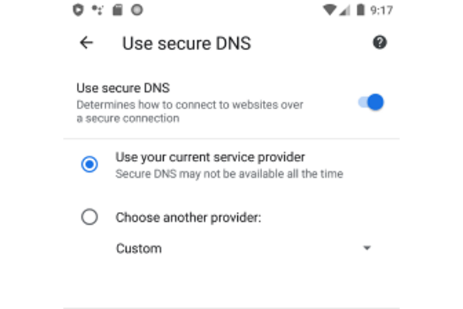 Dans Chrome 85 pour Android, plusieurs options sont disponibles pour personnaliser le support ou non du service Secure DNS. (Crdit Photo : Google)