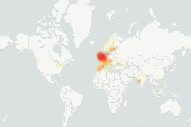 La panne Outlook a t particulirement ressentie en Europe, comme le montre le site Downdetector. (Crdit Photo : Dowdectector)