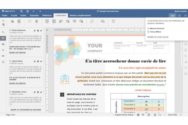OnlyOffice Documents apporte des fonctionnalités de traitement de texte, de tableur, de présentation, de partage et de collaboration. (Crédit : OnlyOffice)