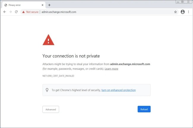 Ce dimanche, des navigateurs comme Chrome interdisaient l'accès au portail d'administration d'Exchange de Microsoft. (Crédit Photo: DR)