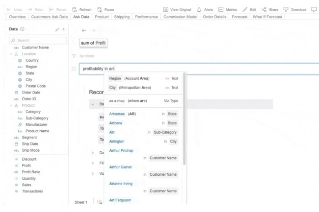 Ask Data intgre de l'autocorrection et de la reconnaissance de synonymes pour faciliter les requtes en langage naturel sur les donnes. (Crdit : Tableau)