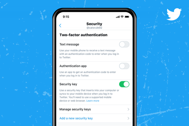 Depuis 2018, Twitter travailler sur l'inclusion de clés de sécurité comme moyen prioritaire d'authentification à deux facteurs. (Crédit : Twitter)