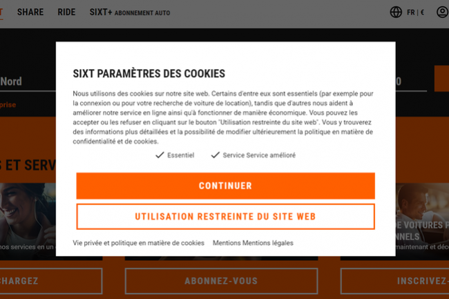 Sur le site de location de voiture, Sixt.fr, la mention « tout refuser » ou « continuer sans accepter » n’apparaît nulle part pour tout utilisateur. (Crédit : Sixt.fr)