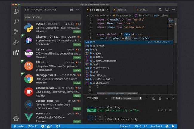 Editeur de code simplifié, Visual Studio Code apporte aux développeurs des outils de code et débogage rapide, les tâches plus complexes se faisant avec un IDE comme Visual Studio. (Crédit : Microsoft) 
