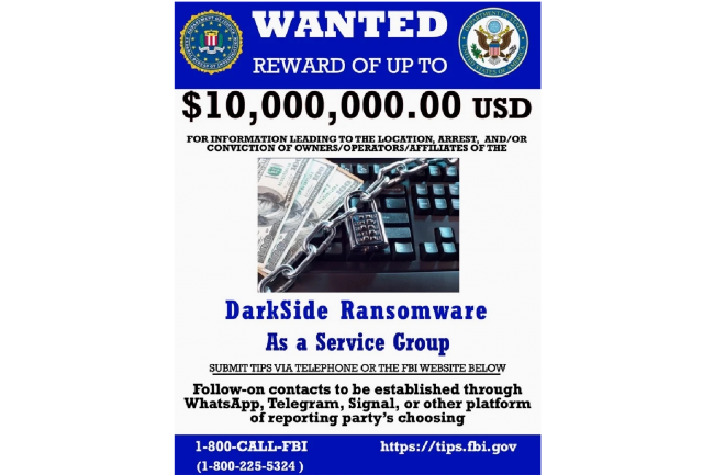 L'avis de recherche du FBI concernant le groupe de ransomware DarkSide et ses variantes. (Crdit : FBI)