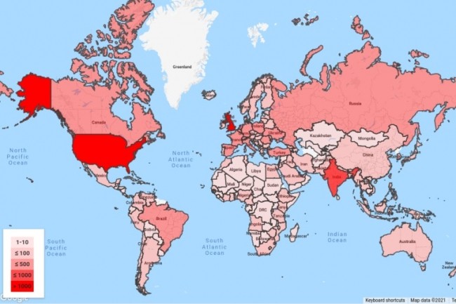 Heatmap par pays de la dernière campagne de phishing d'APT28 / Fancy Bear ayant ciblé plus de 12 000 comptes Gmail. (crédit : Google)