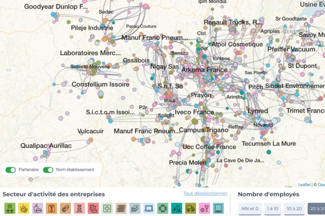 L’Atlas des synergies productives fournit une visualisation du tissu industriel d’un territoire mettant en évidence des partenariats potentiels. Ci-dessus, un exemple sur la région Rhône-Alpes Auvergne (Crédit : OpenStudio/UCA)
