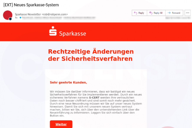 E-mail type reu par des clients de l'institution financire allemande Sparkasse. (Crdit : Cofense)