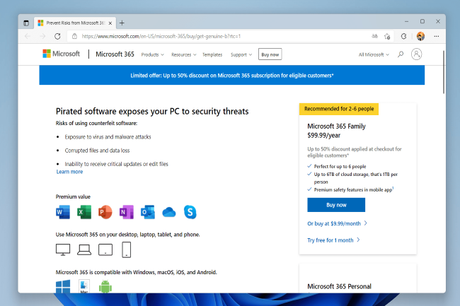Microsoft mène une politique ciblée pour convertir certains utilisateurs de version piratée d'Office à une version officielle de Microsoft 365. (Crédit Photo : DR)