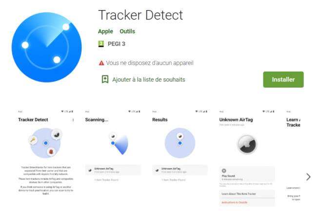 Tracker Detect, disponible sur Google Play, recherche des trackers d'articles séparés de leur propriétaire et compatibles avec le réseau Find My d'Apple. (Crédit : Google Play)