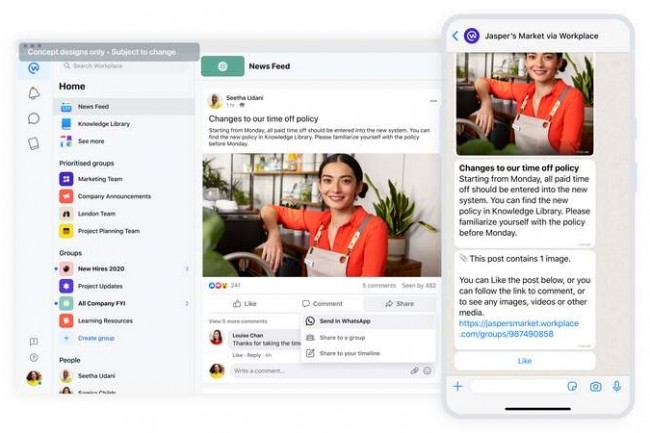 Workplace cible les travailleurs de première ligne avec une intégration prochaine de WhatsApp sur sa plateforme. (Crédit : Workplace)