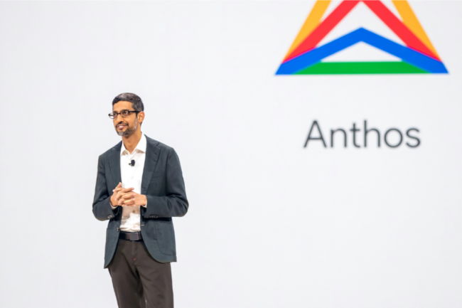 Lors du Google Cloud Next à San Francisco en 2019, Sundar Pichai, PDG de Google, avait déclaré que l'idée derrière Anthos est de permettre aux développeurs « d'écrire une fois et de s'exécuter n'importe où ». (Crédit : Google)