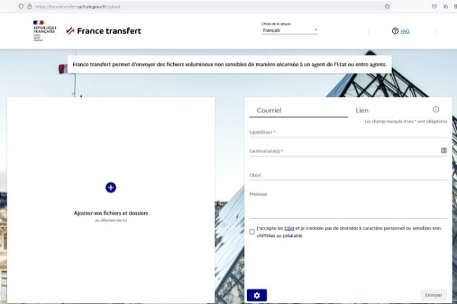 Le service France Transfert permet d’échanger avec le ministère de la Culture jusqu’à 20 Go de fichiers.