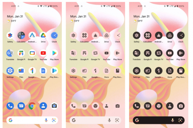 Dans la première bêta d'Android 13 publiée, les icônes thématiques peuvent être ou non activées et mises ou non en couleur. (Crédit : Android)