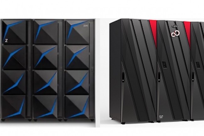 (à gauche) Les actuels modèles de mainframes d’IBM, le z15 T01 et z15 T02, ont été introduit en septembre 2019 et en mai 2020. (à droite) Fujitsu a mis à jour sa gamme de mainframes GS21 en 2018. (Crédit : IBM/Fujitsu) 
