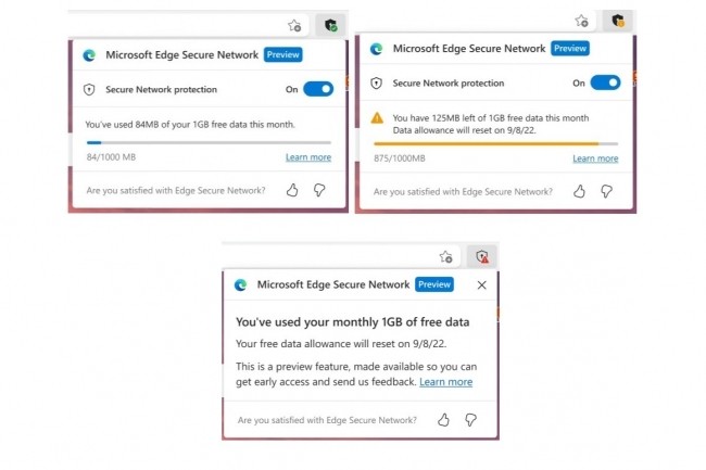 Microsoft va prochainement int�grer nativement un VPN (via un partenariat avec Cloudflare) dans son navigateur Edge avec 1 Go de trafic par mois.(Cr�dit : Microsoft)