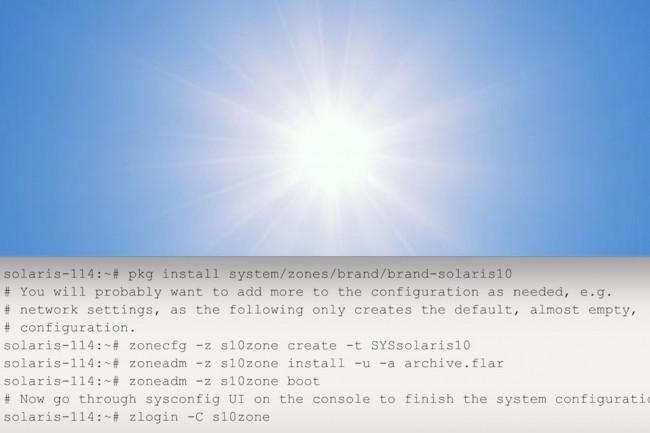 Avec l'outil sysdiff, proposé pour l'instant sur GitHub par Oracle, il est possible d'installer une zone marquée Solaris 10 sur Solaris 11.4 avec un fichier d'archive. (Crédit : Oracle)