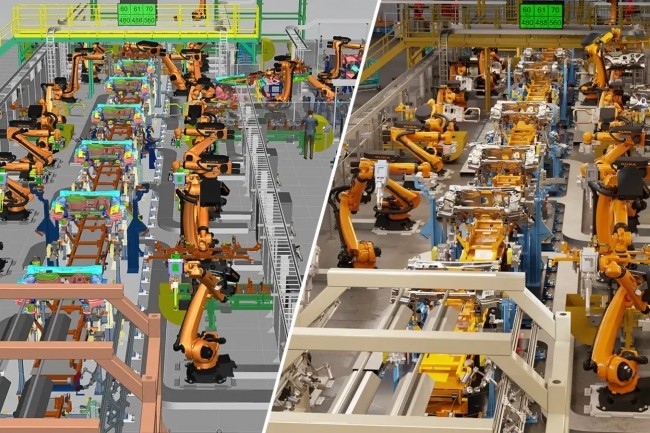 La connexion entre Siemens Xcelerator (� gauche) et NVIDIA Omniverse (� droite) permettra aux clients de d�velopper des jumeaux num�riques � haute fid�lit� de conception et en boucle ferm�e. (Cr�dit : Siemens/Nvidia)