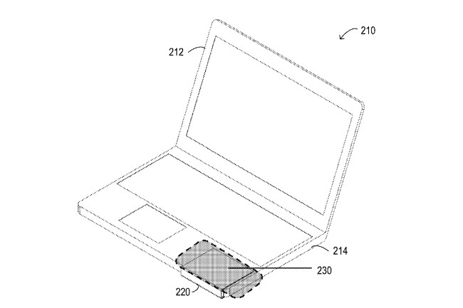 Illustration tir�e de la demande de brevet de Dell d'un smartphone qui pourrait �tre charg� par induction gr�ce au PC portable. (Cr�dit Photo : Dell)