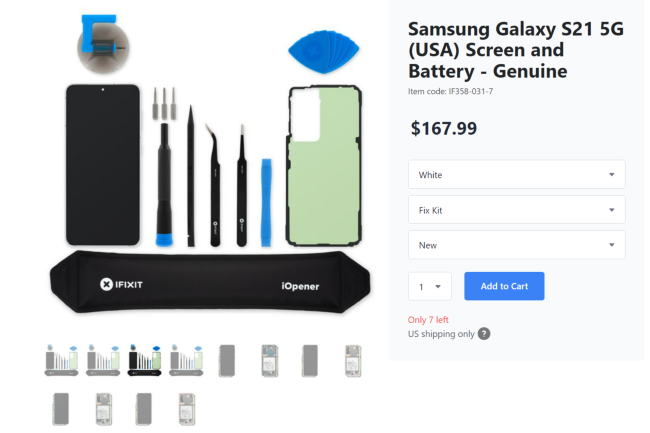 Ici un kit de rparation disponible sur iFixit avec un ensemble cran et batterie pour un smartphone Samsung Galaxy S21 5G pour le march amricain. (Crdit : iFixit)