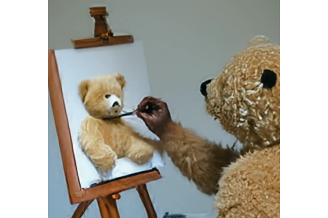 À partir de l'invite « un ours en peluche qui peint un portrait », Meta a montré un petit GIF d'un ours en peluche animé qui se peint lui-même. (Crédit : Meta)