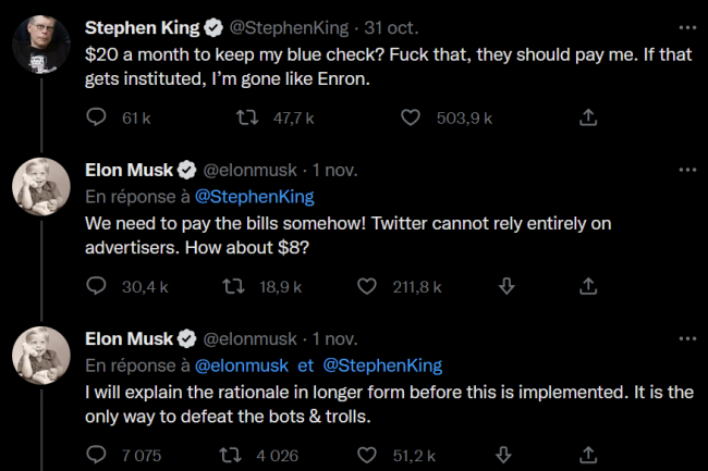 La dernière idée en date d'Elon Musk concernant Twitter n'est visiblement pas du goût de tous. L'écrivain américain Stephen King n'a pas caché son mécontentement. (Crédit : Twitter)