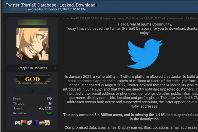 Les leaks de données suite au piratage de Twitter découvert en janvier 2022 se multiplient sur le dark web. (crédit : D.R.)