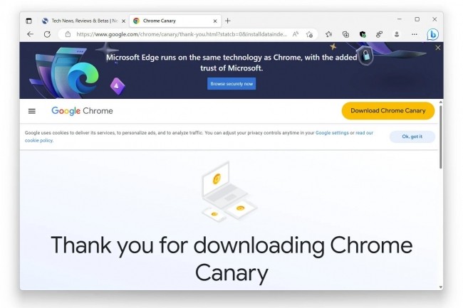 Une bannire clbrant les mrites dEdge arrive aprs une tentative de tlchargement et d'installation de Chrome Canary  l'aide d'Edge Canary. (Crdit : Neowin)