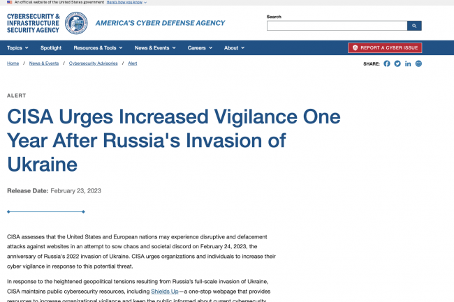 Un avis de la CISA alerte sur des cyberattaques de la Russie le jour anniversaire de la guerre en Ukraine.