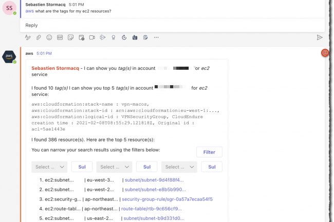 Le chatbot peut également trouver des ressources dans un compte lorsque AWS Resource Explorer est activé. Par exemple, Sébastien Stormacq demandé au bot : @aws what are the tags for my ec2 resources? (Crédit : AWS)