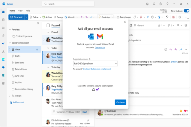 Outlook va bientt autoriser le support des messageries tierces et notamment Gmail. (Crdit Photo : Microsoft)