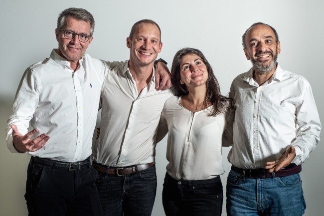 A l'origine de Cleyrop, on trouve (de gauche à droite) Jérôme Valat, Arnaud Muller, Lauren Sayag et Stéphane Messika, respectivement fondateurs d'oXya, de Saagie et de Kynapse. (Crédit : Cleyrop)