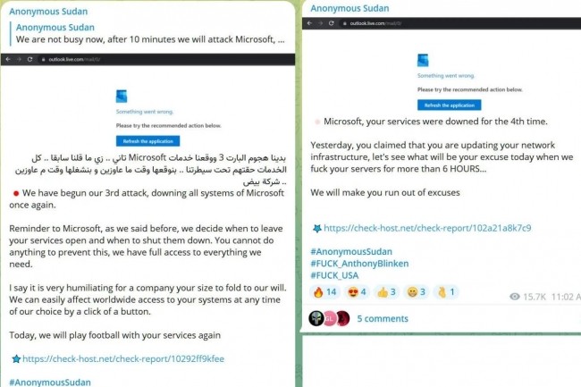 Le message posté sur Telegram par Anonymous Sudan revendiquant l'attaque contre Microsoft. (crédit : D.R.)