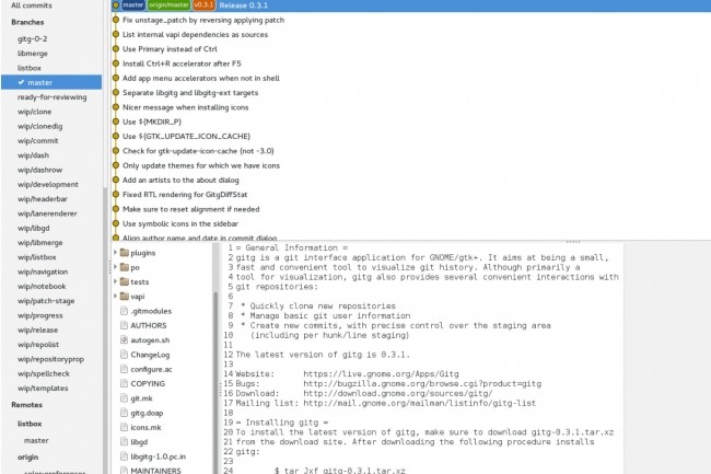 De nombreuses interfaces graphiques sont proposes pour Git comme ici Gitg le client graphique par dfaut de l'environnement de bureau GNOME pour Linux. (crdit : GNOME)