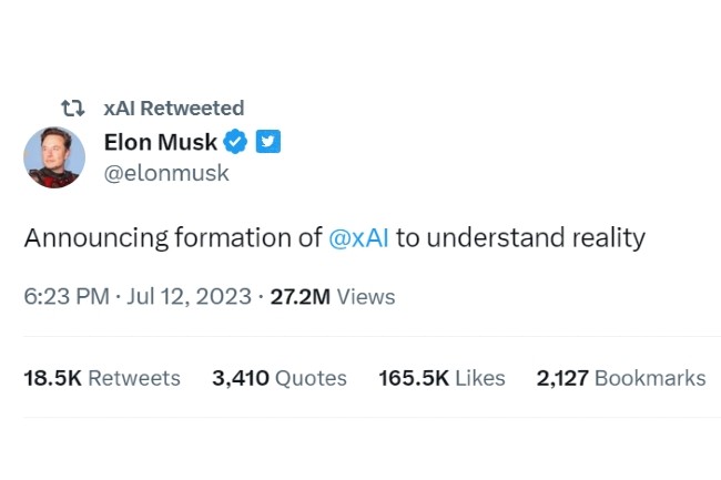 Elon Musk a annoncé sur Twitter le lancement d'une nouvelle entreprise dédiée à l'IA générative et baptisée xAI. (Crédit : Twitter)