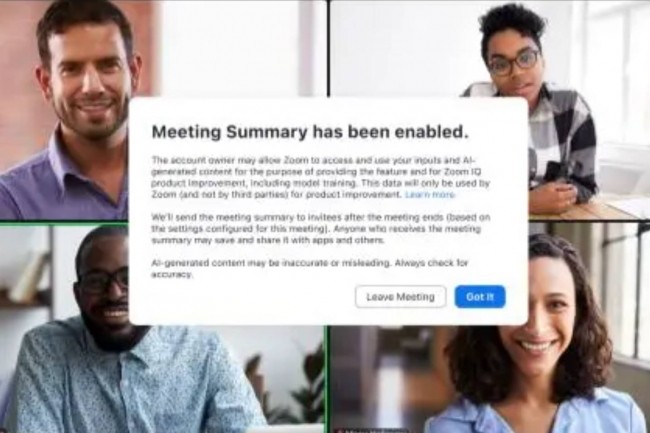 Le RGPD exige une demande individuelle de consentement comme base lgale pour traiter des donnes personnelles ce qui n'apparait pas clairement dans les notifications d'enregistrement de session exploits par Zoom  des fins d'entrainement de son IA. (crdit : Zoom)