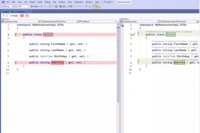 Visual Studio 2022 17.7 donne la possibilité de comparer n'importe quel fichier de l'explorateur de solutions Solution Explorer avec d'autres fichiers. (crédit : Microsoft)