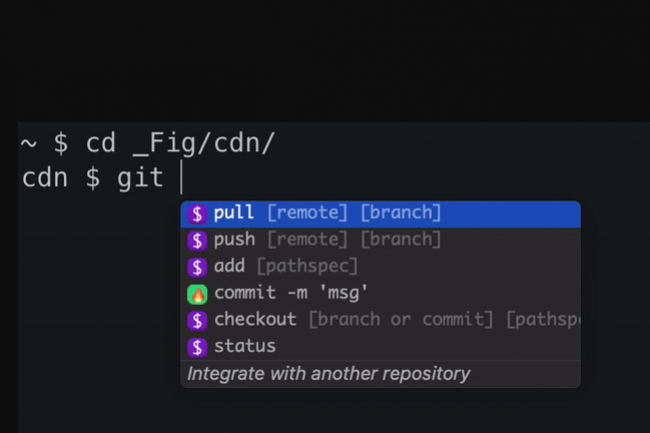 Fig propose des outils tels que la  saisie semi-automatique , qui fournit des suggestions et des descriptions personnalisables de la prochaine action qu'un codeur pourrait vouloir entreprendre lorsqu'il tape une commande. 