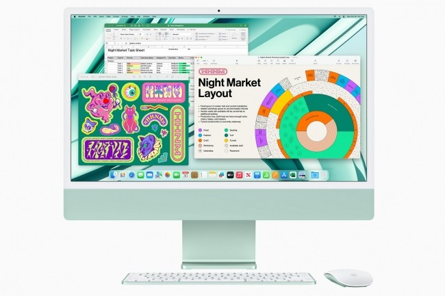 La firme de Cupertino a dévoilé son dernier iMac doté de sa fameuse puce M3. (Crédit : Apple)