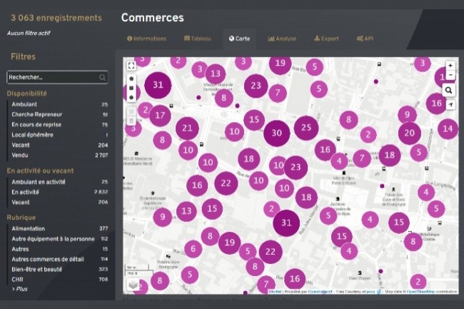 Dijon Métropole ouvre 108 jeux de données en open data sur son portail Open Dijon. Ici, la cartographie des commerces.