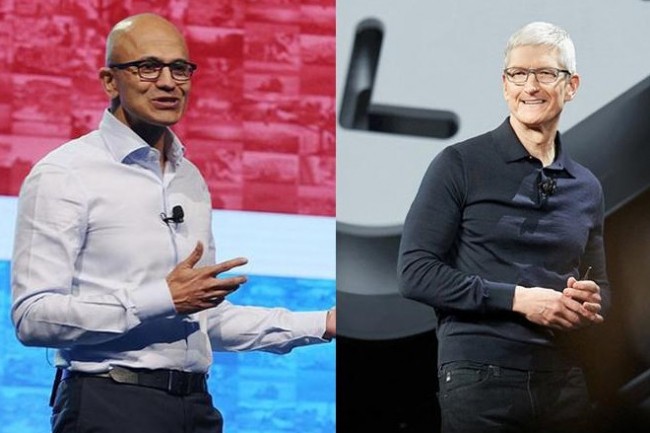 Satya Nadella ( gauche) et Tim Cook, respectivement CEO de Microsoft et CEO d'Apple (Crdit photo : Apple/Microsoft)