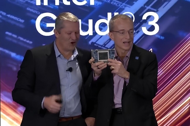 Lors de son point presse du 14 dcembre, le CEO d'Intel Pat Gelsinger a prsent son acclrateur IA Gaudi 3 attendu en 2024. (Crdit S.L.)
