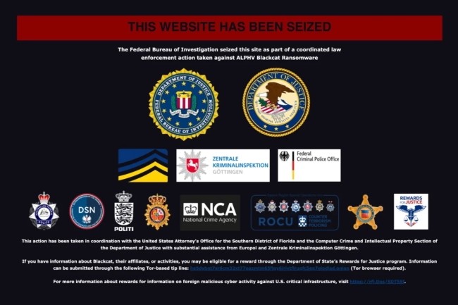 Le site du groupe de ransomware ALPHV/BlackCat a t saisi lors de l'opration mene par une coalition d'autorits judiciaires. (Crdit Photo : DoJ)