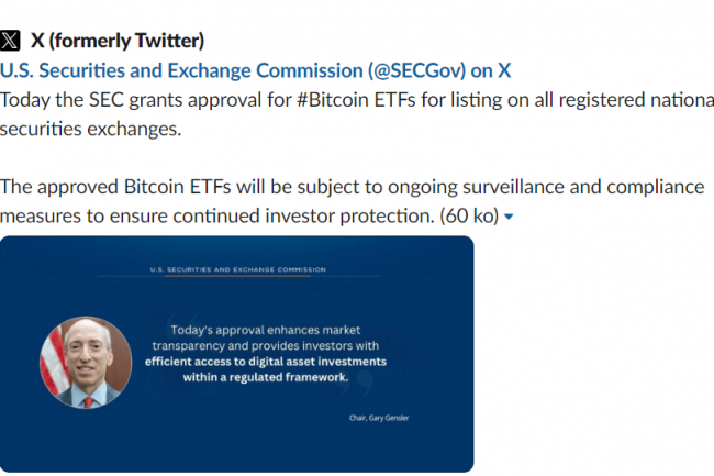 Compte piraté de la SEC annonçant l'approbation par l'institution de l'inscription des ETF bitcoin sur toutes les bourses nationales enregistrées de valeurs mobilières. (crédit : X)