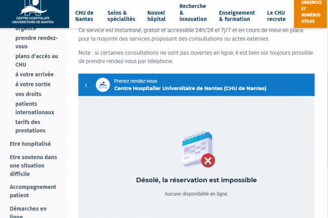 La rservaion de consultations mdicales sur le site du CHRU de Nantes n'est plus possible depuis lundi matin  cause d'une attaque DDoS. (crdit : CHRU Nantes)
