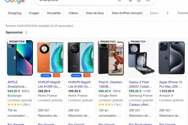 Pour la recherche  smartphone  sur Chrome, 4 rsultats sur 6 renvoient sur Google Shopping, un sur Keyade et un autre sur Producthero. (crdit : D.F.)