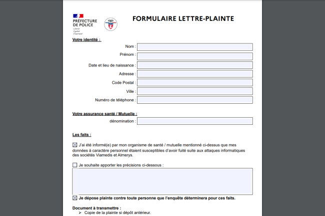 Le site Cybermalveillance.gouv.fr a publié une lettre-plainte à remplir en ligne pour les assurés concernés par le vol de données chez Almerys et Viamedis. (Crédit Photo : Cybermalveillance)