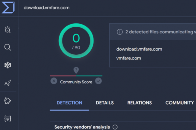 Score de VirusTotal pour le fichier malveillant download.vmfare[.]com. (crdit : Palo Alto)
