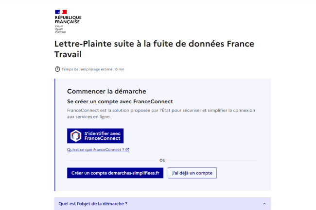 La plateforme Cybermalveillance.gouv.fr a t trs ractive en mettant un lien sur la lettre-plainte sur la violation de donnes de France Travail. (Crdit Photo : Demarche-simplifies)